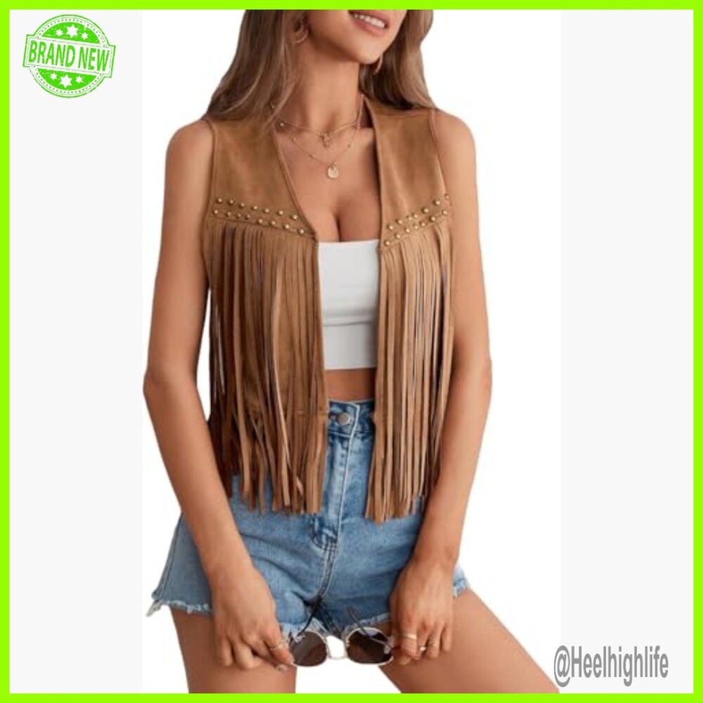Women's Fringe Vest Sleeveless Western Cowgirl Jacket Polyester - Picture 3 of 5